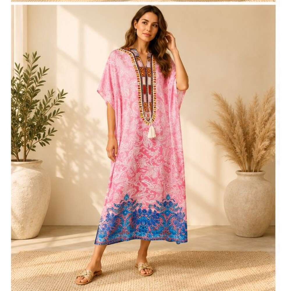 Lilly Pulitzer Caftan Collection Maxi Pink Blue Paisley Tassel S M Boho Festival